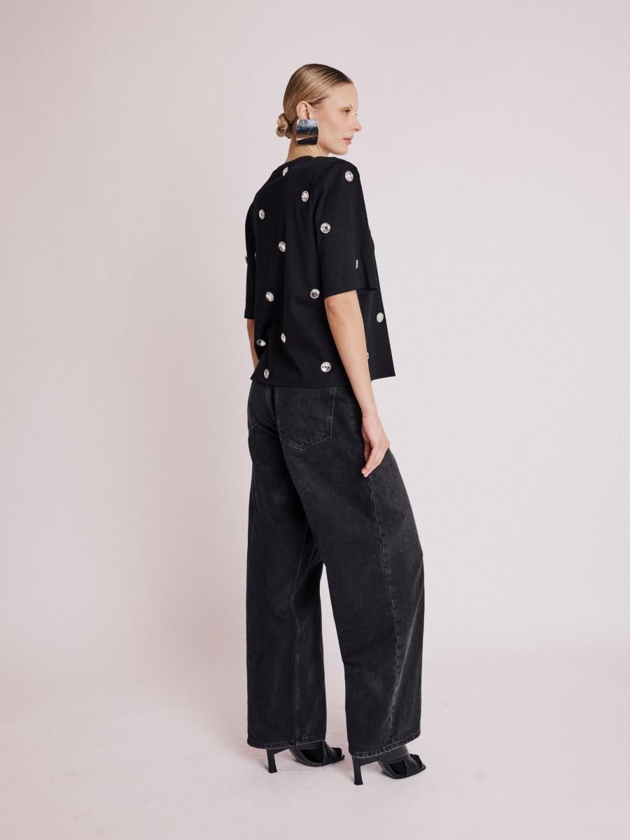 Berenice T-Shirt ESTUD T-shirt Noir Col Rond Avec Studs Brillants