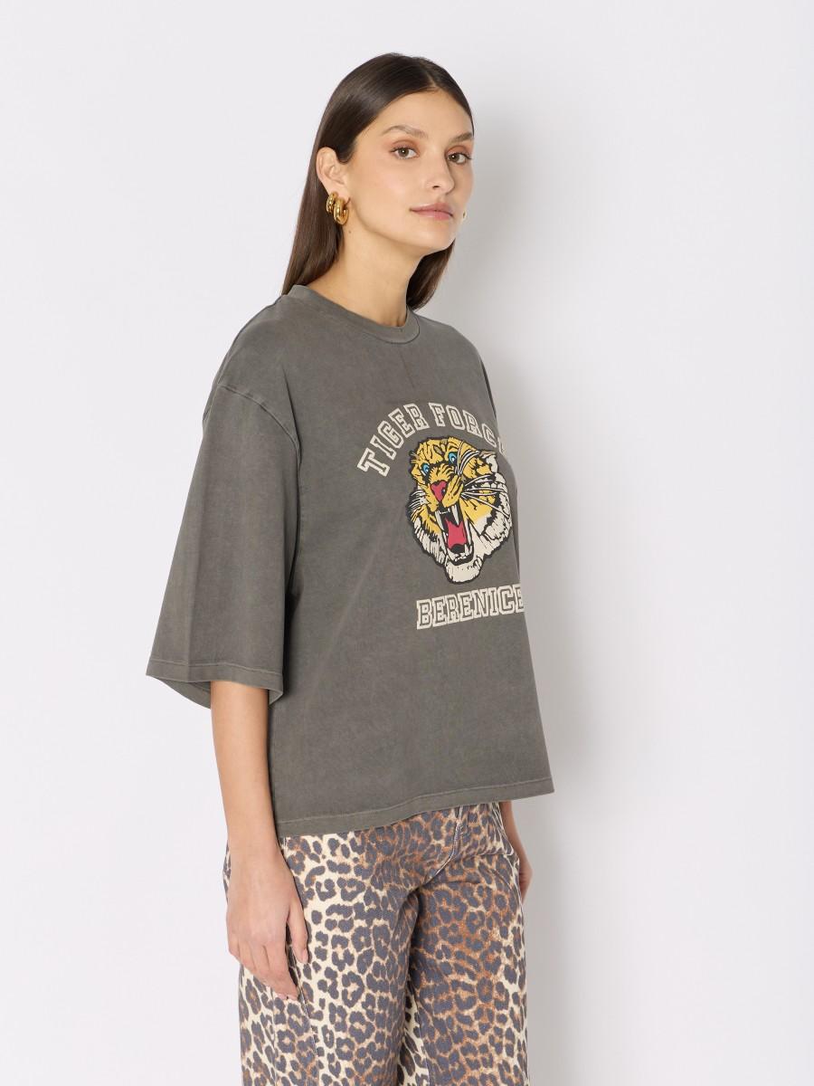 Berenice T-shirt Gris Teforce – Coupe Oversize Motif Tiger Force Manches Larges