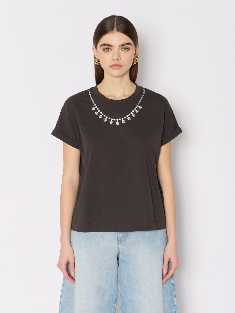 Berenice T-shirt gris TEJEWEL – Collier strass amovible manches courtes col rond