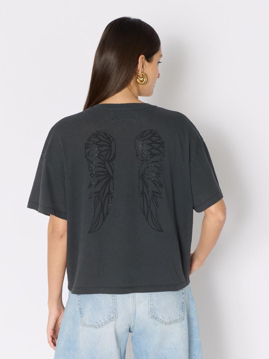 Berenice T-shirt gris TEMILIO avec col tunisien et ailes en strass dans le dos