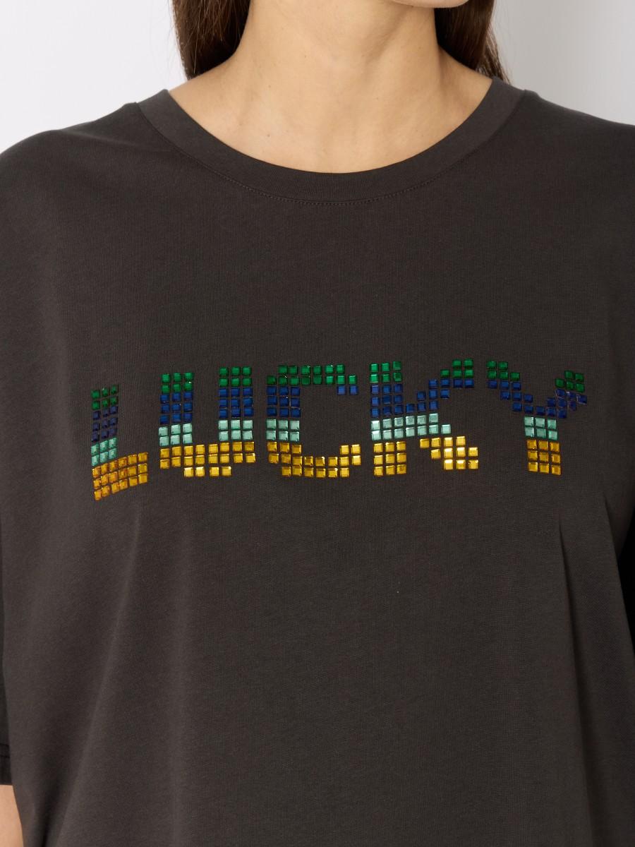 Berenice T-shirt Gris TEOLIS – Coupe Oversize Inscription "LUCKY" En Strass Coloré