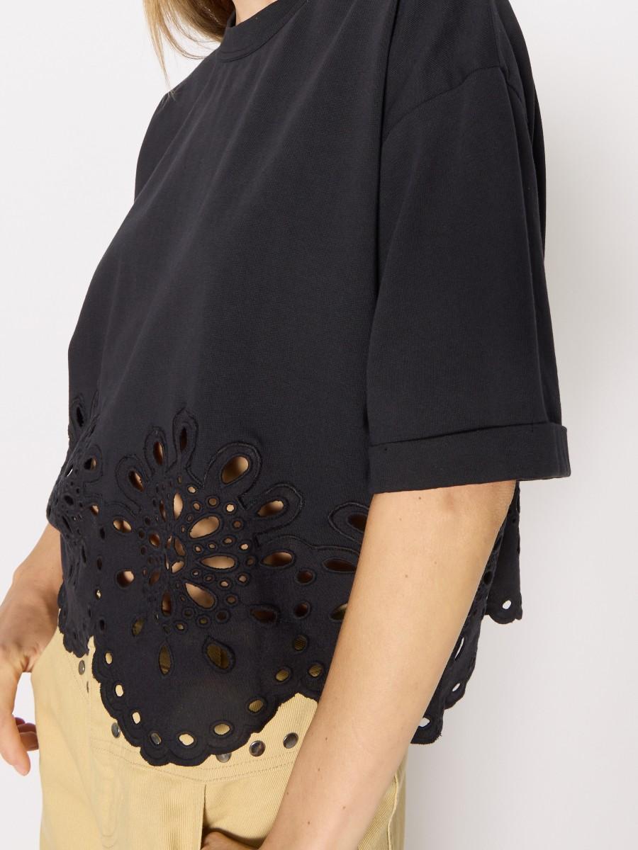 Berenice T-shirt Noir Court Et Ample TEVANA Avec Broderie Anglaise Manches Courtes