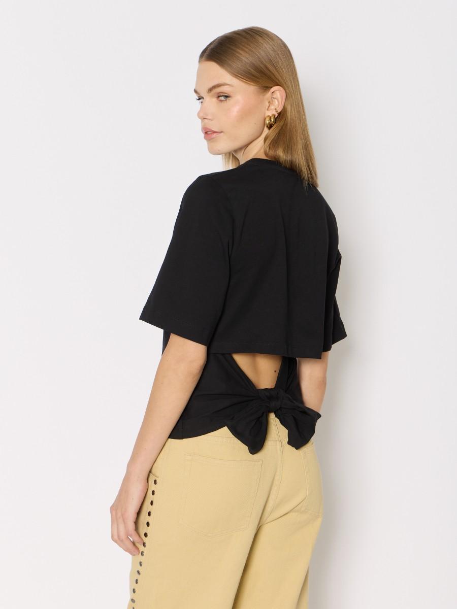 Berenice T-shirt noir manches courtes dos nu avec noeud dans le dos