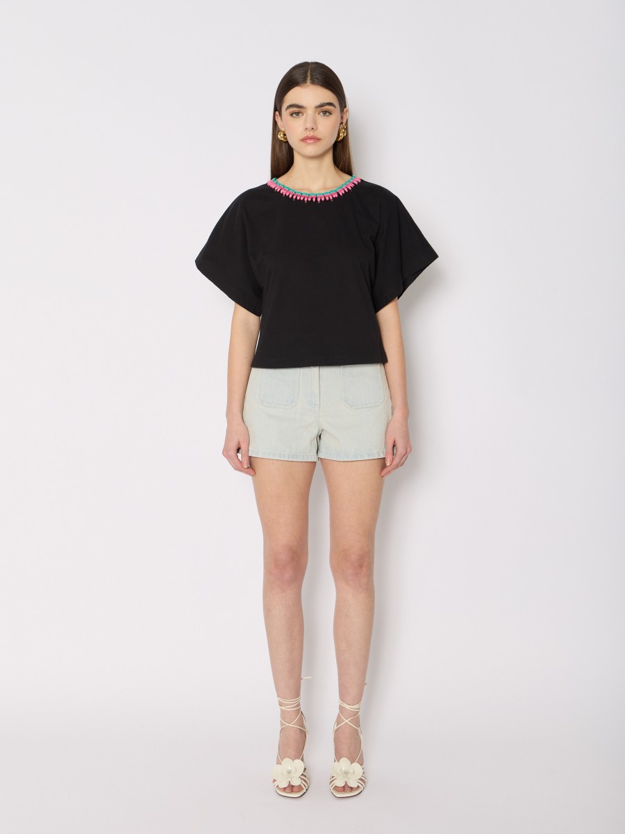 Berenice T-shirt Noir TEMBER En Coton Coupe Kimono Et Col Rond Avec Broderies Colorées