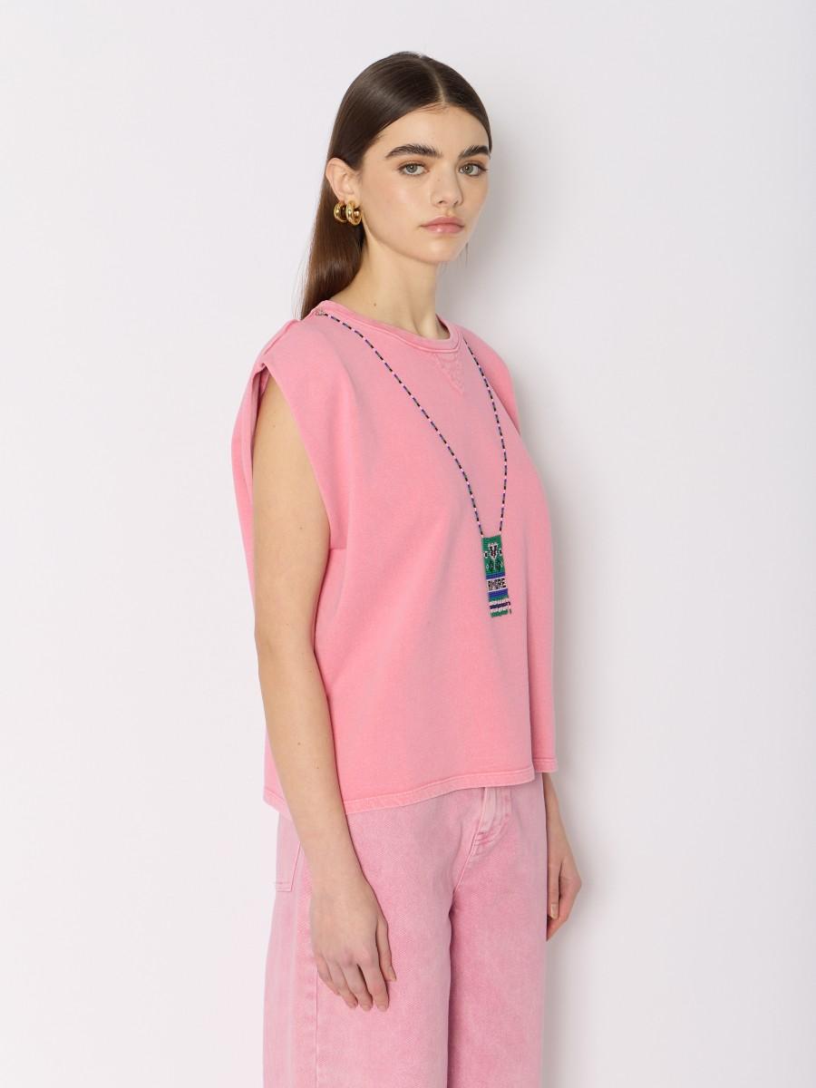 Berenice T-shirt Rose TELAVIDA – Sans Manches Col Rond Collier En Perles Amovible