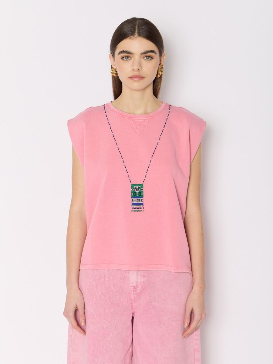 Berenice T-shirt rose TELAVIDA – Sans manches col rond collier en perles amovible