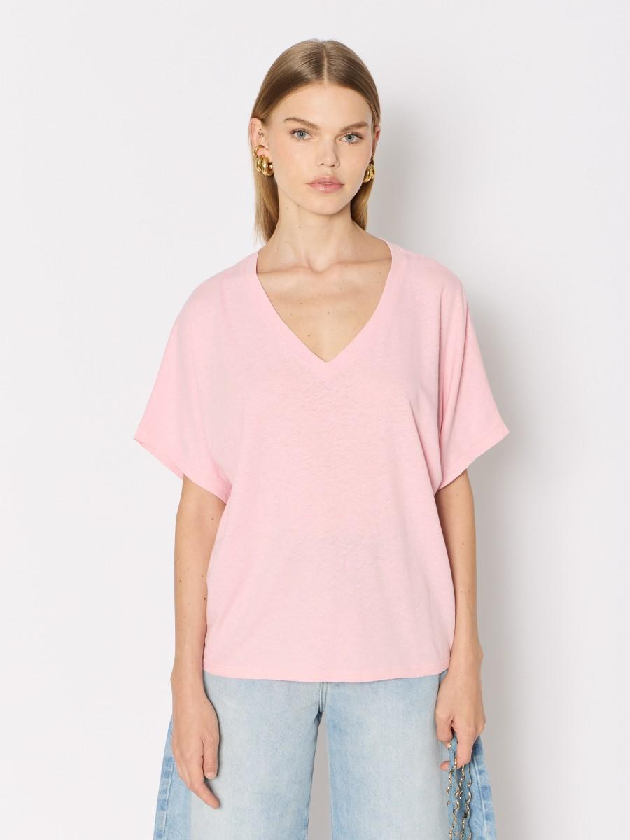 Berenice T-shirt rose TELORY en coton et lin col V manches courtes et amples