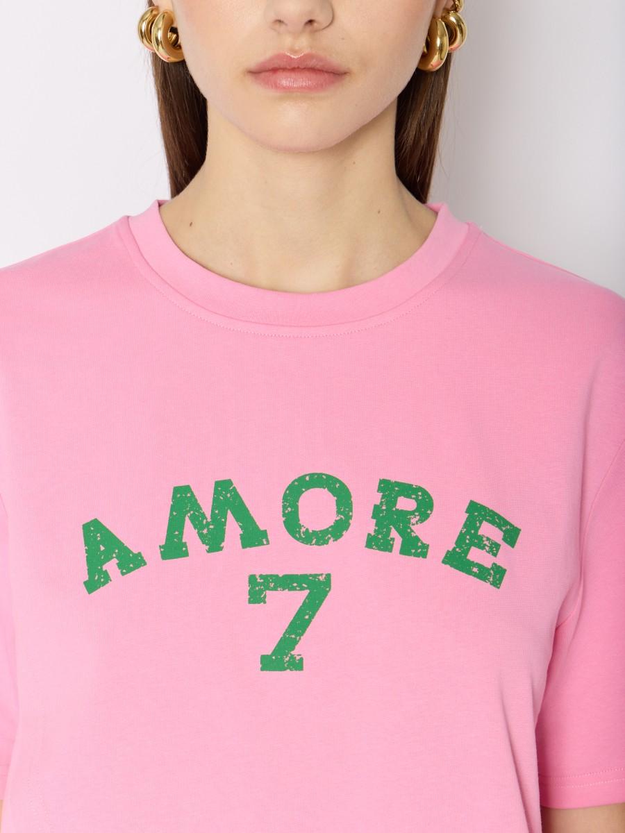Berenice T-shirt TESEVEN Berenice – Rose Motif "Amore 7" Pan Asymétrique Et Manches Courtes