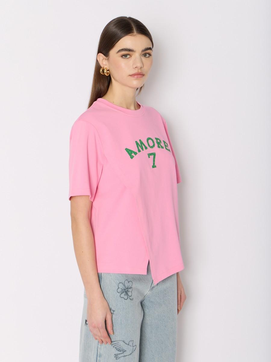 Berenice T-shirt TESEVEN Berenice – Rose Motif "Amore 7" Pan Asymétrique Et Manches Courtes