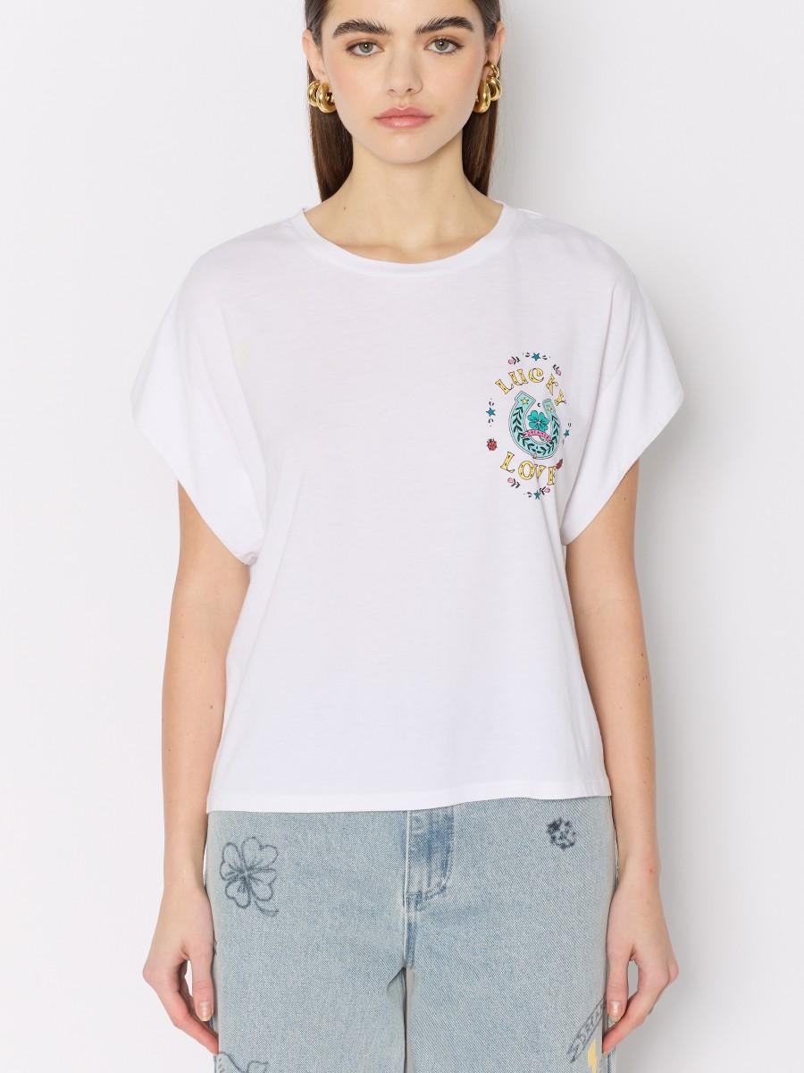 Berenice TELUCK T-shirt Blanc Sans Manches Avec Motif "Lucky Love"