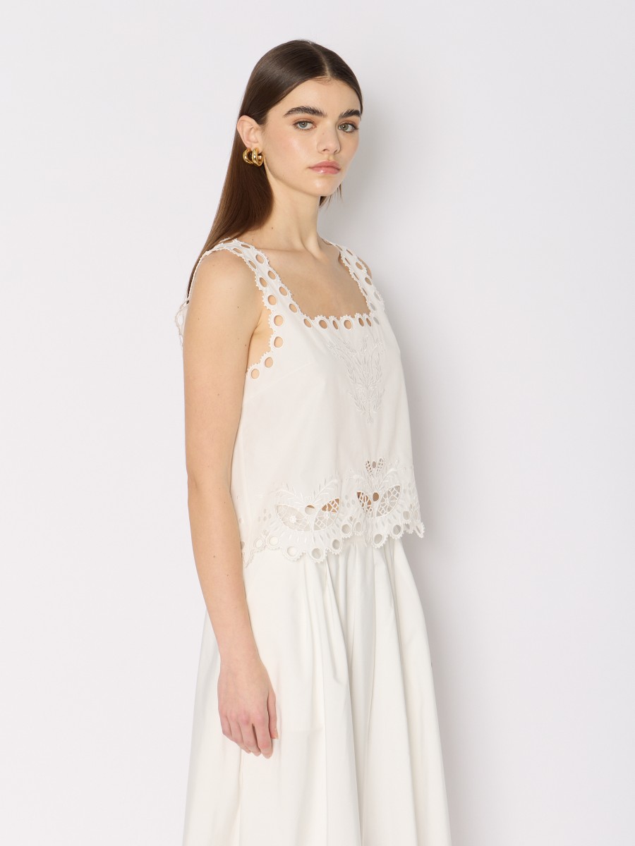 Berenice Top Court Blanc CTISTA – Broderies Anglaises Col Carré Et Bretelles Larges