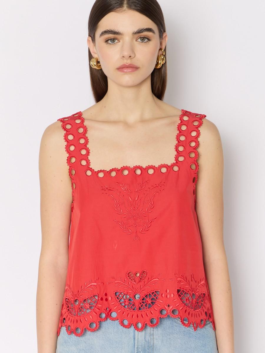 Berenice Top Court Rouge CTISTA – Broderies Anglaises Col Carré Et Bretelles Larges
