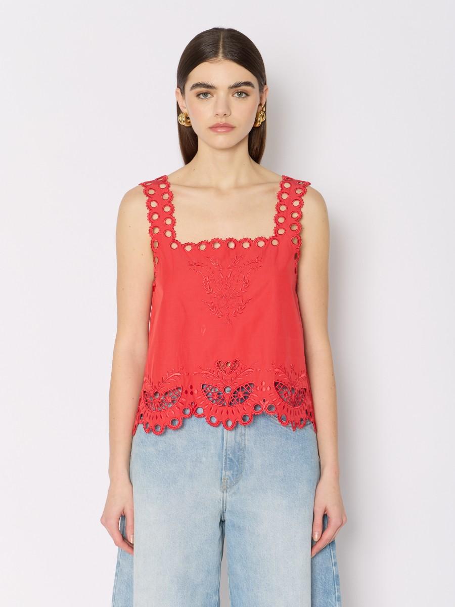 Berenice Top court rouge CTISTA – Broderies anglaises col carré et bretelles larges