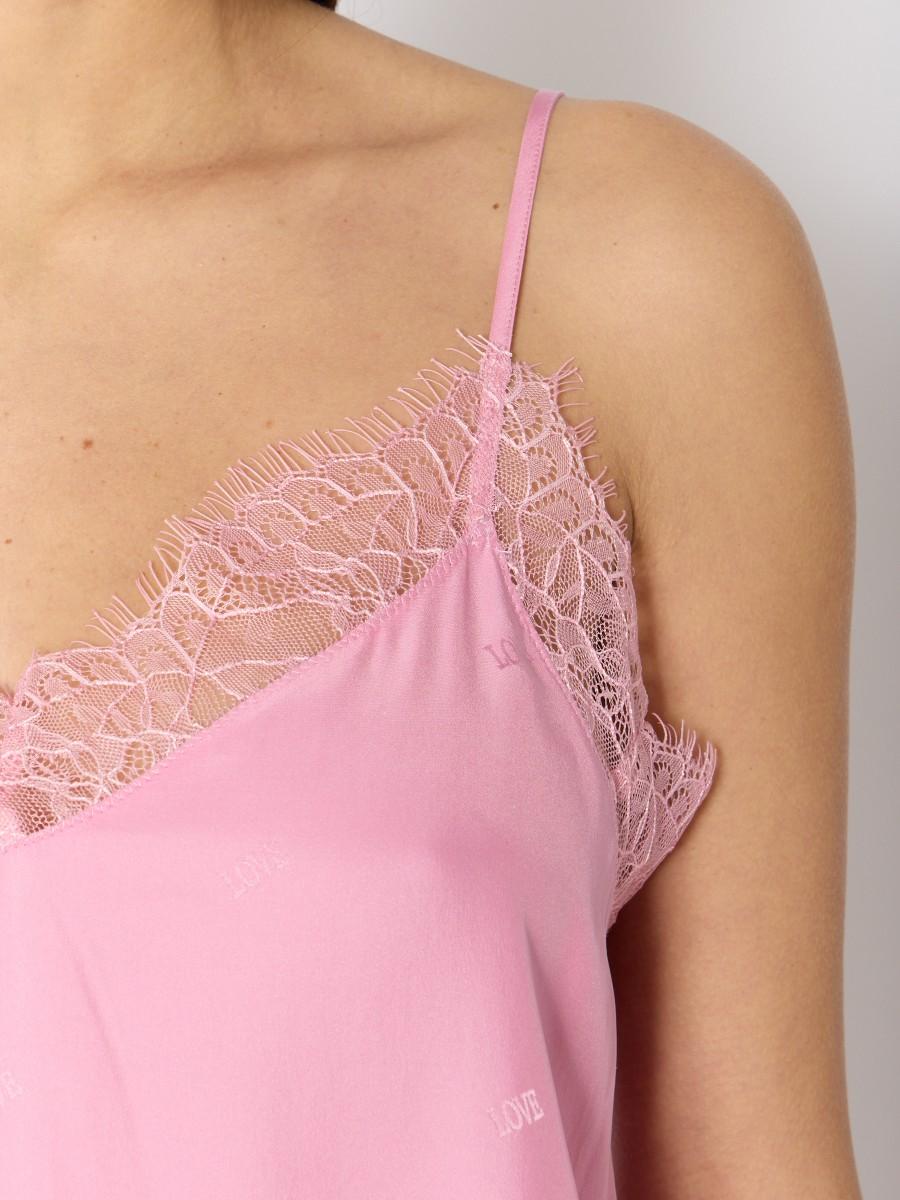 Berenice Top Rose TAYLOR – Soie Dentelle Imprimé "LOVE" Bretelles Fines Réglables