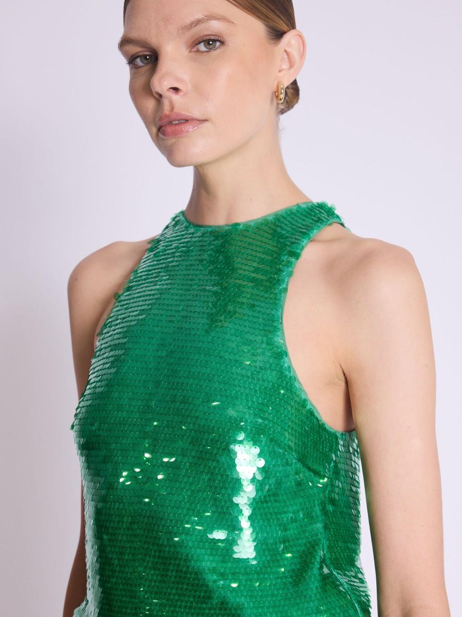 Berenice Top TALLY Top Court Sans Manches à Sequins Vert