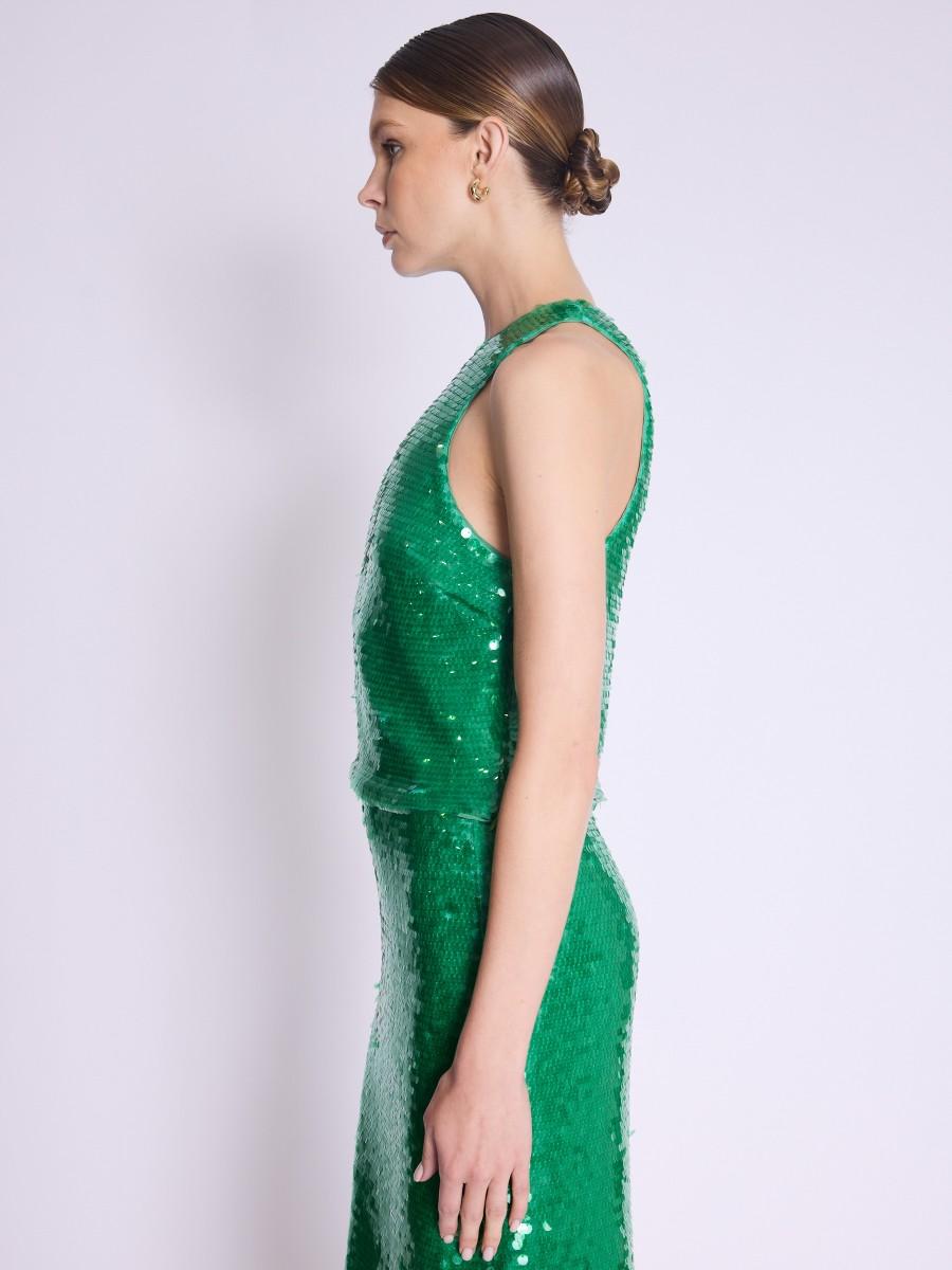 Berenice Top TALLY Top Court Sans Manches à Sequins Vert