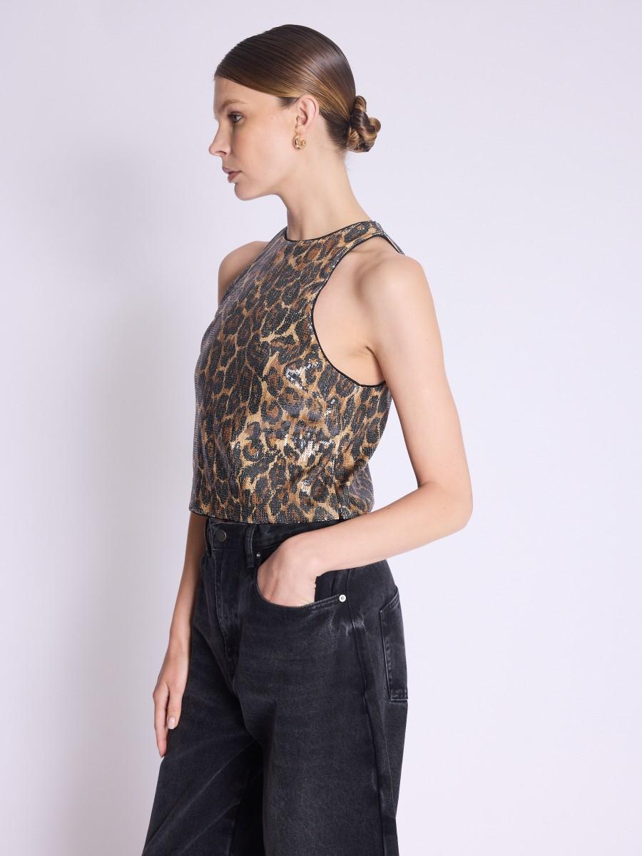 Berenice Top TALLYNA Top Sans Manches à Sequins Et Imprimé Léopard
