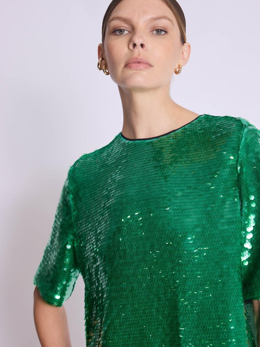 Berenice Top TALMY Top Manches Courtes à Sequins Verts