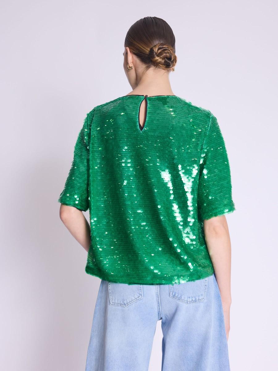Berenice Top TALMY Top Manches Courtes à Sequins Verts