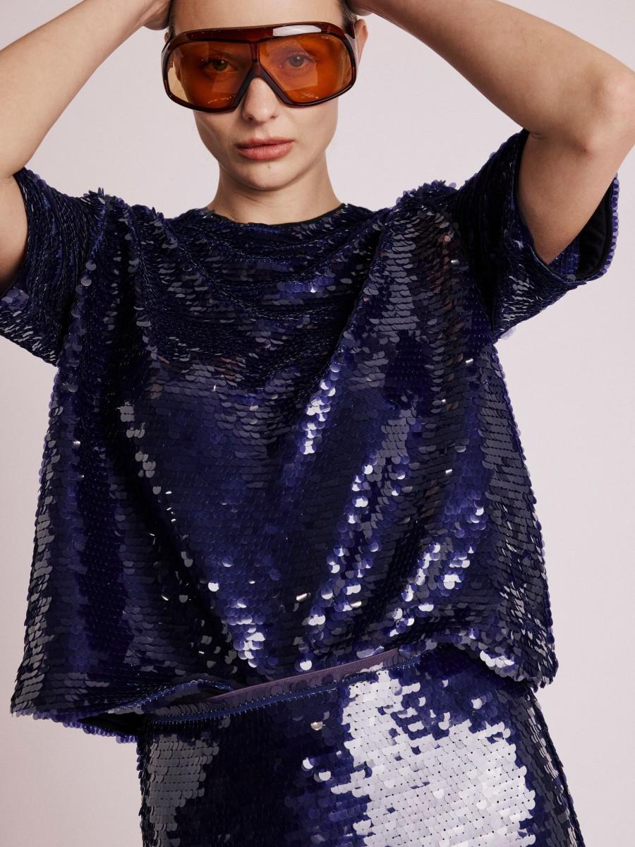 Berenice Top TALMY Top Manches Courtes à Sequins Violet