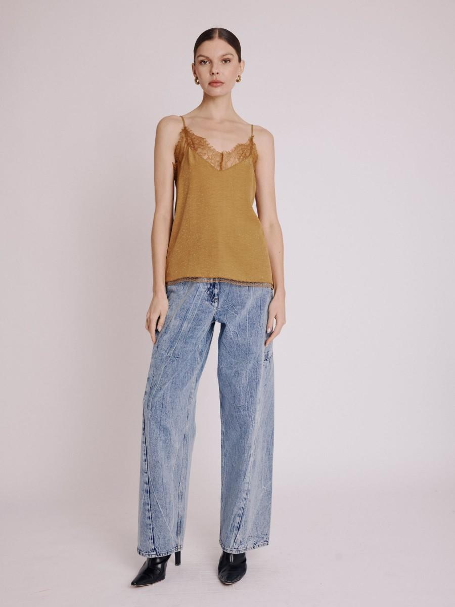 Berenice Top TAYLOR Top Marron à Bretelles En Soie Avec Dentelle