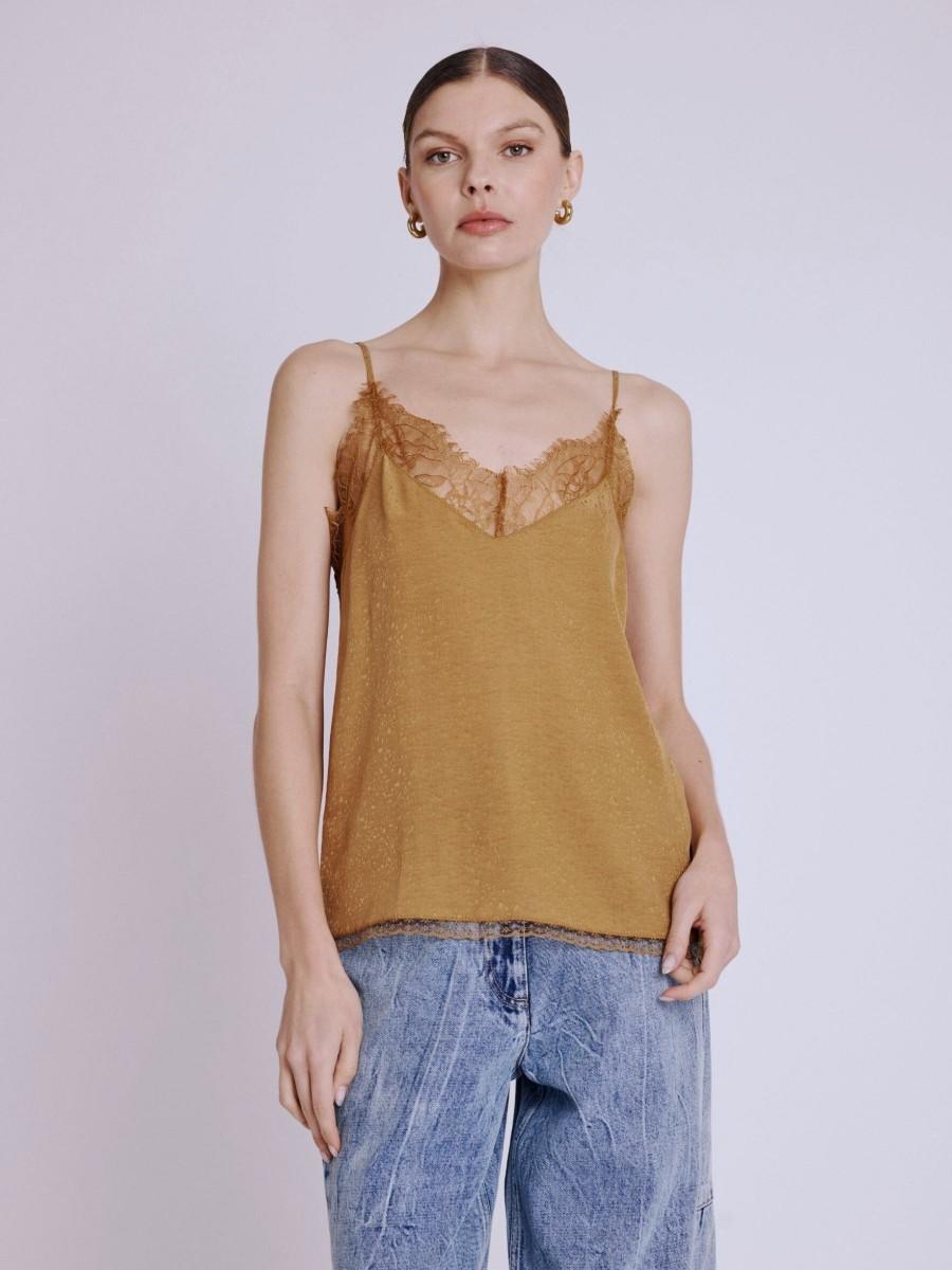 Berenice Top TAYLOR Top marron à bretelles en soie avec dentelle