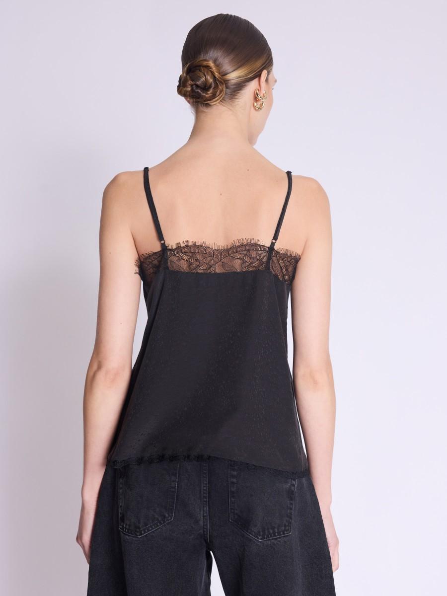 Berenice Top TAYLOR Top Noir à Bretelles En Soie Avec De La Dentelle