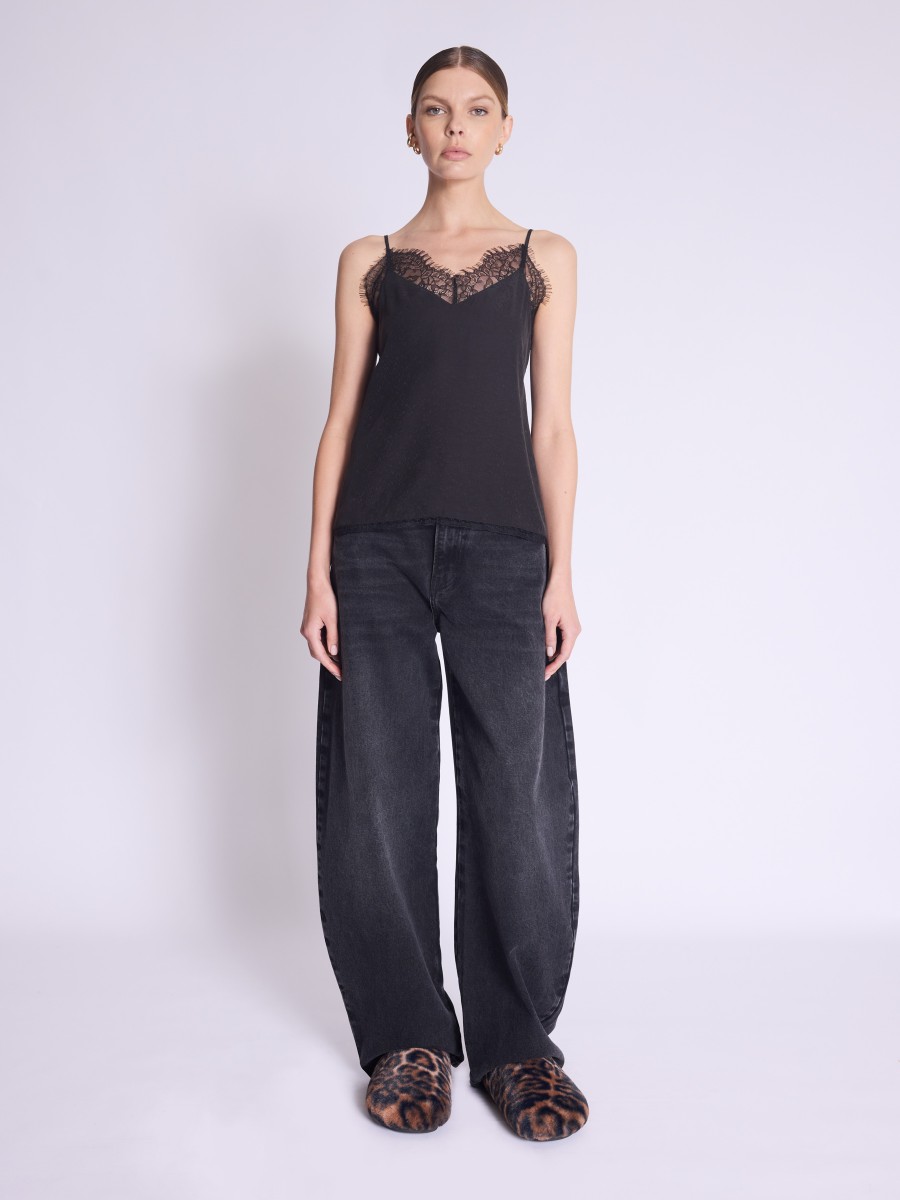 Berenice Top TAYLOR Top Noir à Bretelles En Soie Avec De La Dentelle