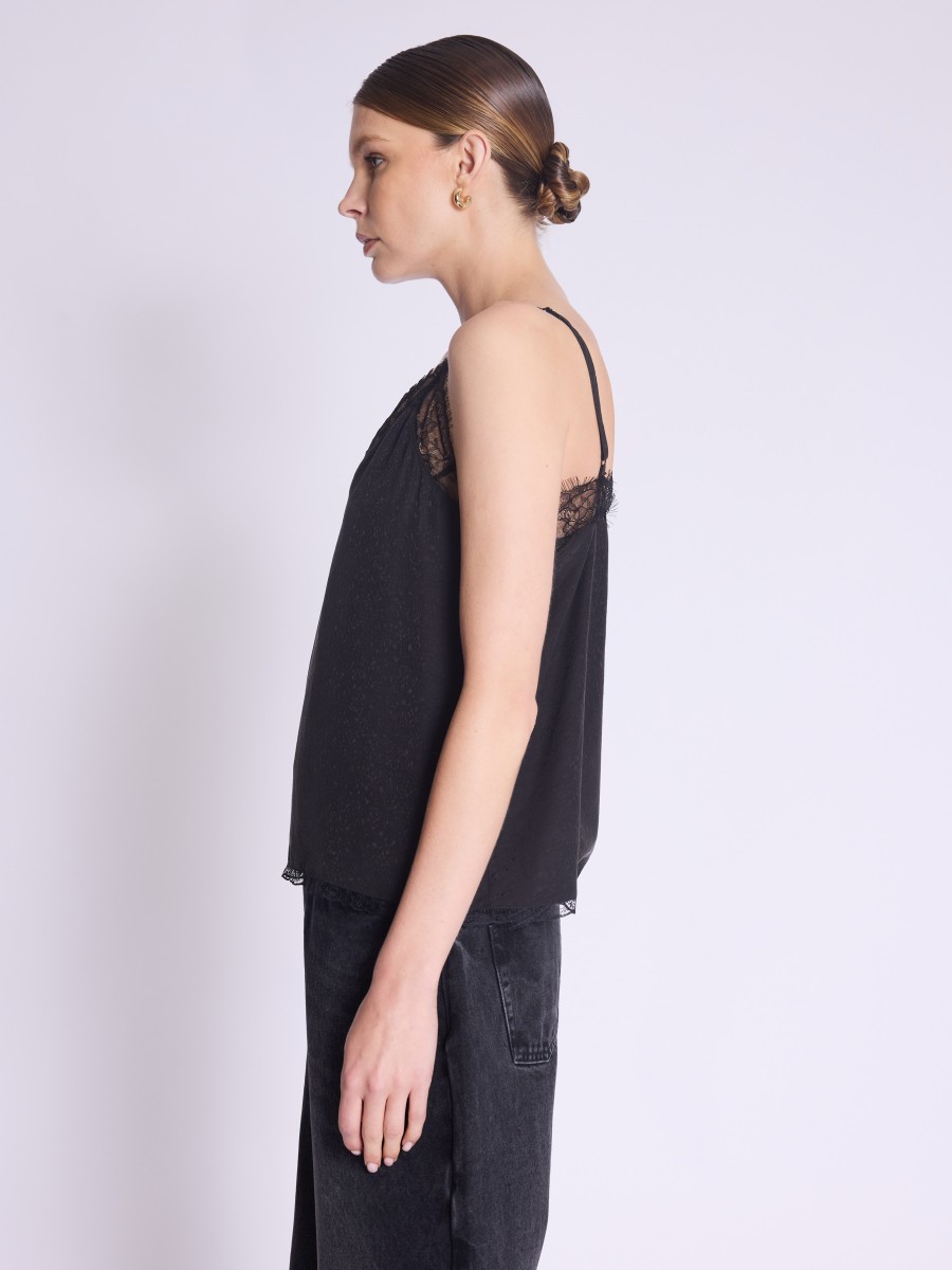 Berenice Top TAYLOR Top Noir à Bretelles En Soie Avec De La Dentelle