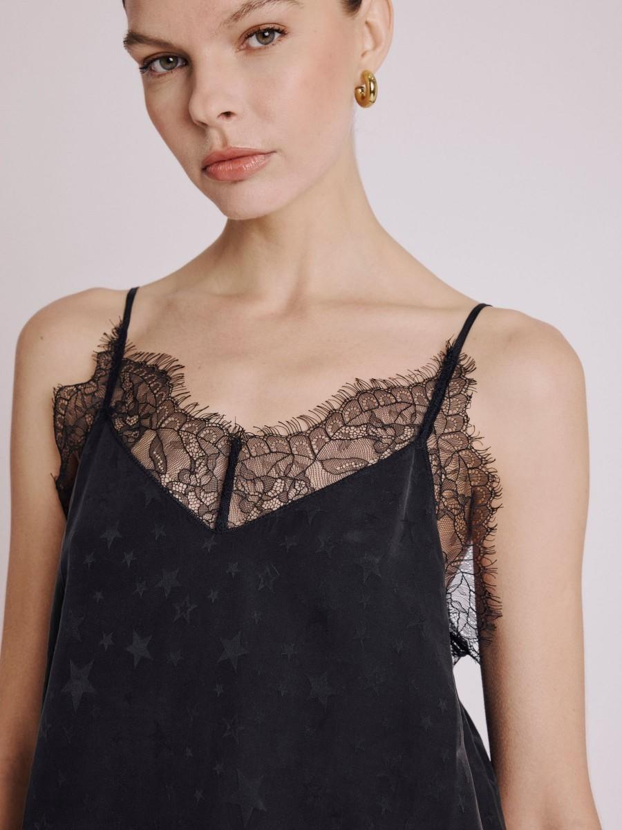 Berenice Top TAYLORSTARS Top Noir à Bretelles Avec Dentelle Et Motifs étoiles