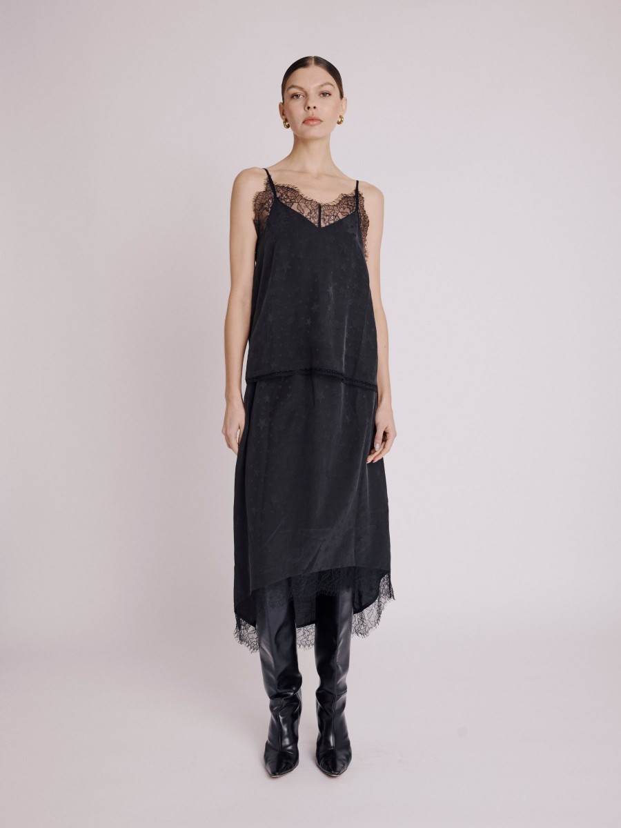 Berenice Top TAYLORSTARS Top Noir à Bretelles Avec Dentelle Et Motifs étoiles