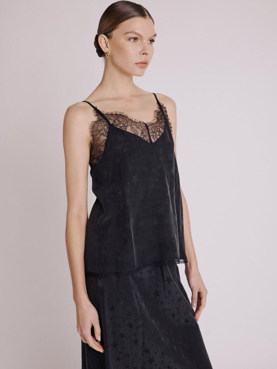 Berenice Top TAYLORSTARS Top Noir à Bretelles Avec Dentelle Et Motifs étoiles