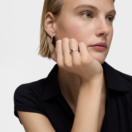 Tous Bague En Argent Et Motif Ourson En Onyx Petite TOUS Icon Color