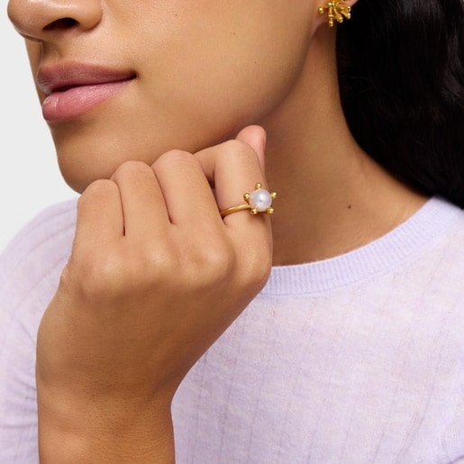 Tous Bague En Argent Plaqué Or 18 ct Et Perle De Culture TOUS Garden