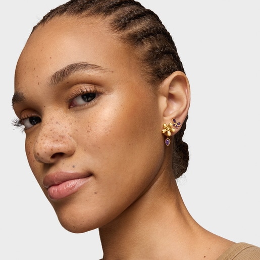 Tous Boucles D’oreilles Fleur En Argent Plaqué Or 18 ct Et Améthyste Daisy