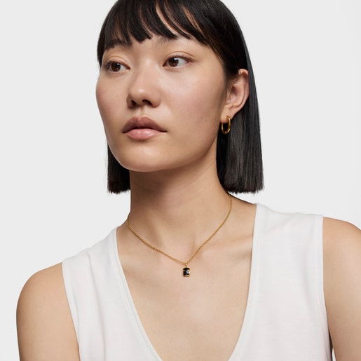 Tous Collier En Argent Plaqué Or 18 ct Et Motif Ourson En Onyx Court TOUS Icon Color