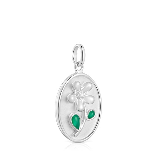 Tous Pendentif médaille en argent et calcédoine verte Daisy