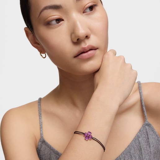 Tous Bracelet En Or Améthyste Et Nylon Noir Daisy