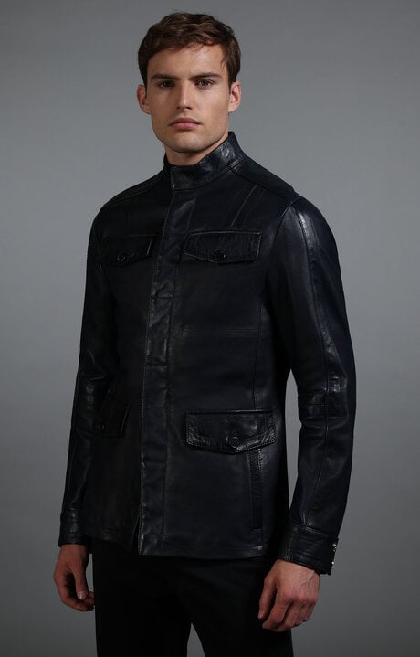 Bikkembergs Blue Men's Navy Leather Field Jacket