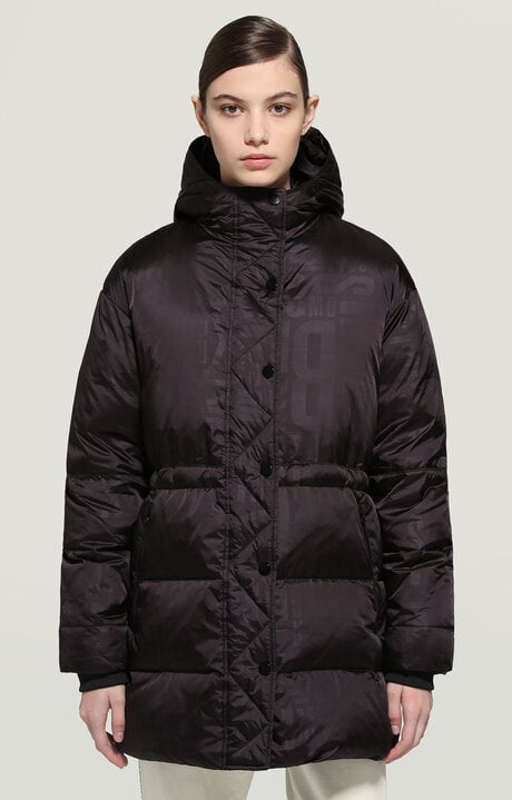 Bikkembergs Black Women's Long Puffer Jacket All-over Print