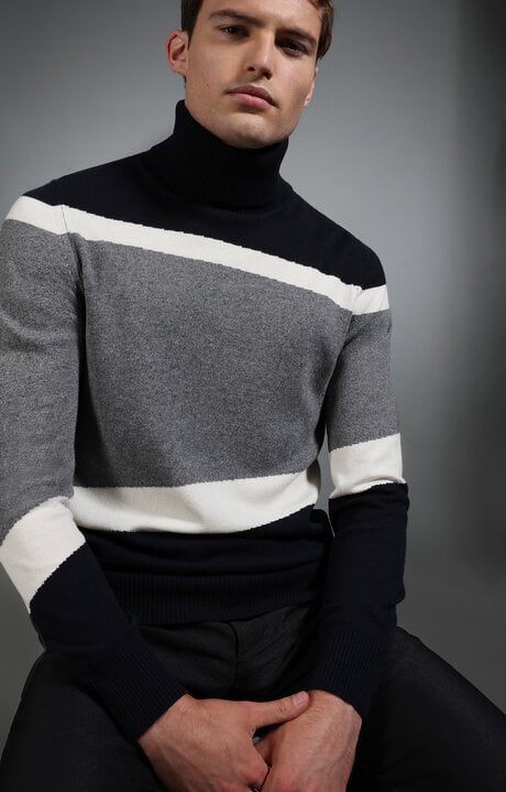 bikkembergs Blue Men's navy and grey intarsia turtleneck