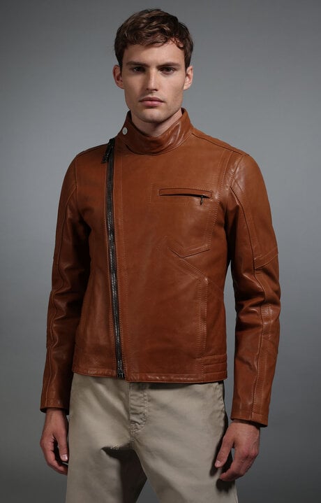 Bikkembergs Brown Men's Fitted Leather Biker Jacket