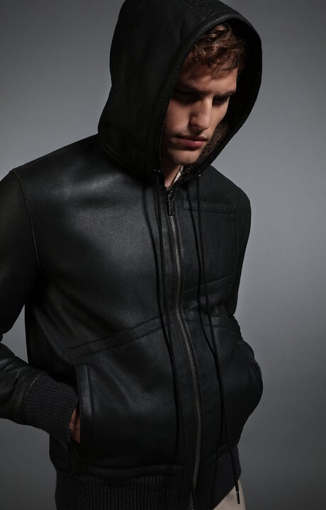 bikkembergs Brown Men's sheepskin hooded bomber jacket