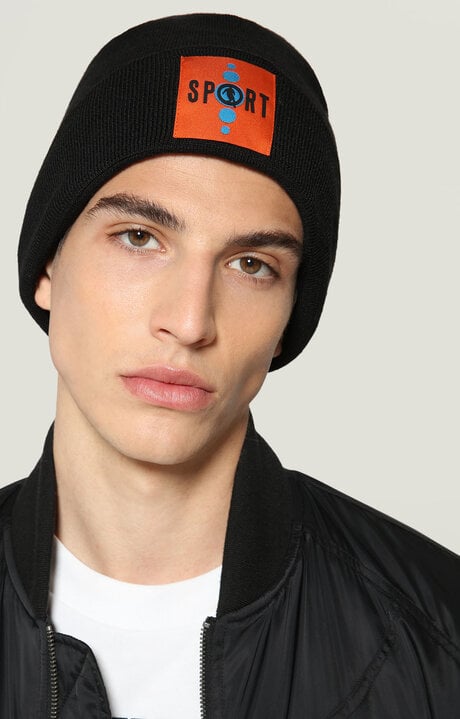 Bikkembergs Men's Black Beanie Hat With Cuff And Patch