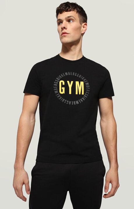 bikkembergs Men's Black T-shirt with yellow GYM print