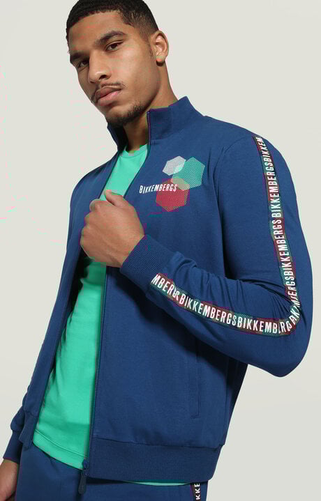 Bikkembergs Men's Blue Zip Sweatshirt With Hexagonal Print