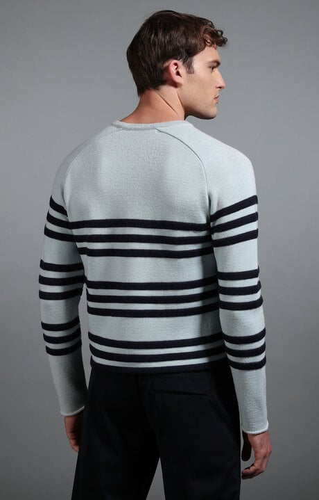 Bikkembergs Men's Pale Blue And Navy Striped Sweater