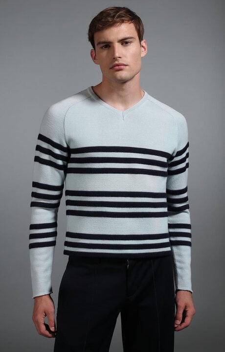 Bikkembergs Men's Pale Blue And Navy Striped Sweater