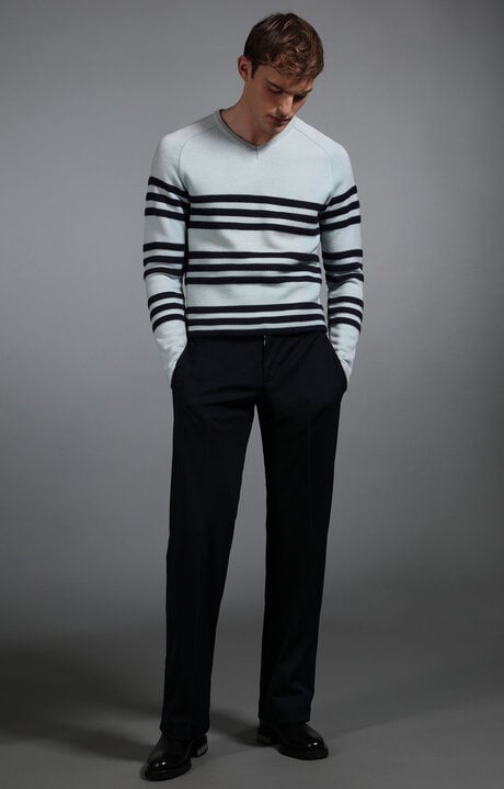 Bikkembergs Men's Pale Blue And Navy Striped Sweater