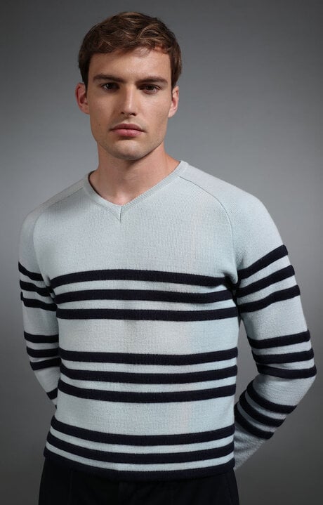 bikkembergs Men's pale blue and navy striped sweater